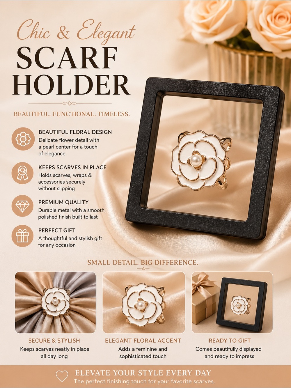 Elegant White Floral Scarf Holder Ring with Pearl Accent